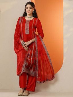 Libas - Red Embroidered Silk Blend Straight Kurta Pant with Dupatta