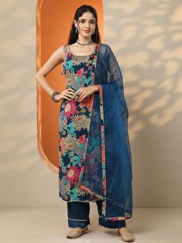 Libas - Teal Floral Printed Chinon Straight Kurta Pant with Dupatta