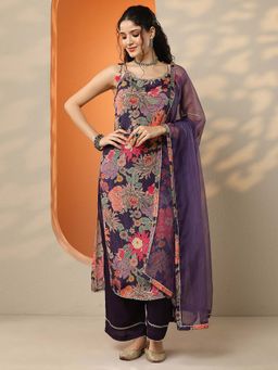 Libas - Burgundy Floral Printed Chinon Straight Kurta Pant with Dupatta