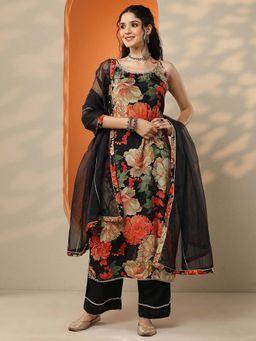 Libas - Black Floral Printed Chinon Straight Kurta Pant with Dupatta