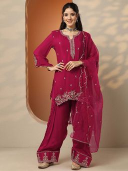 Libas - Pink Embroidered Chinon Straight Kurta Pant with Dupatta
