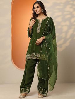 Libas - Green Embroidered Chinon Straight Kurta Pant with Dupatta
