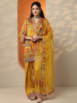 Libas - Mustard Embroidered Chinon Straight Kurta Pant with Dupatta