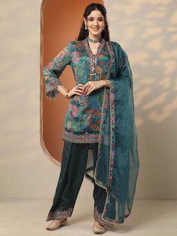 Libas - Green Embroidered Chinon Straight Kurta Pant with Dupatta