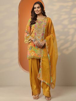 Libas - Mustard Embroidered Straight Kurta Pant with Dupatta