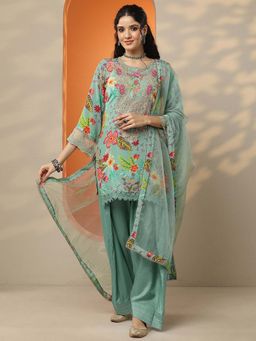 Libas - Teal Embroidered Straight Kurta Pant with Dupatta