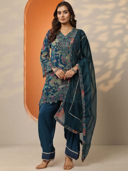 Libas - Teal Embroidered Straight Kurta Pant with Dupatta