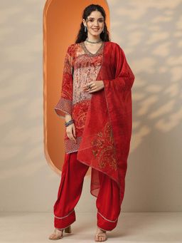 Libas - Red Embroidered Straight Kurta Pant with Dupatta