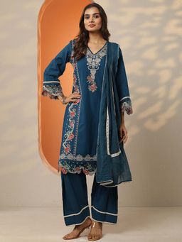 Libas - Blue Embroidered Straight Kurta Pant with Dupatta