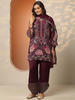 Libas - Maroon Embroidered Straight Kurta Pant with Dupatta