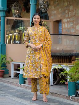 Divena - Mustard Floral Print Cotton Kurta Pant with Dupatta