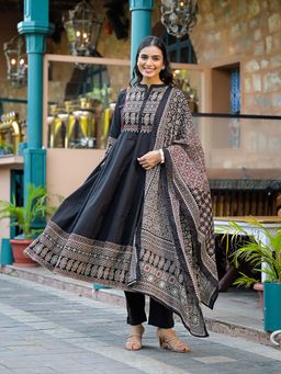 Divena - Black Paisley Print Cotton Anarkali Kurta Pant with Dupatta