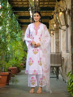 Divena - White Hand Block Floral Printed Cotton Kurta Pant with Dupatta