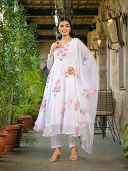 Divena - White Hand Painted Kota Doria Anarkali Kurta Pant with Dupatta