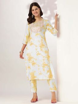 Janasya - Women'S Yellow Yoke Embroidered Straight Kurta and Pant