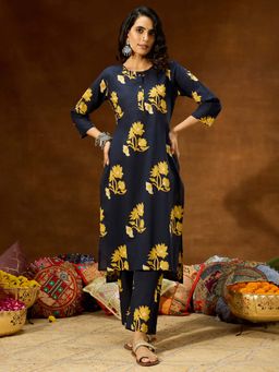 Janasya - Women'S Navy Blue Pure Cotton Floral Printed Straight Co-Ord Set