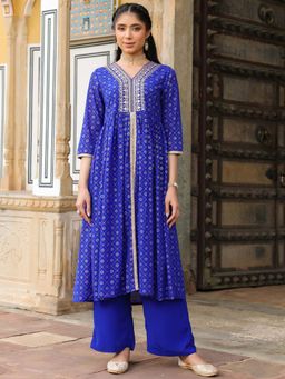 Janasya - Women'S Royal Blue Printed Embellished Aline Front Slit Kurta and Pant