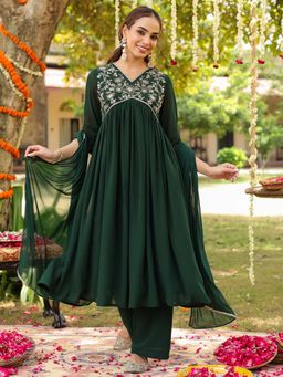 Janasya - Women'S Bottle Green Zari Yoke Embroidered A-Line Kurta Pant and Dupatta