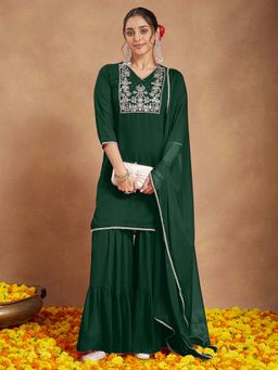 Janasya - Women'S Dark Green Zari Embroidered Kurta Sharara with Dupatta