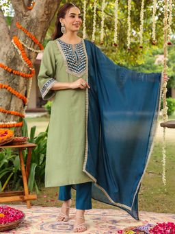 Janasya - Women'S Sage Green Zari Embroidered Kurta Pant and Dupatta
