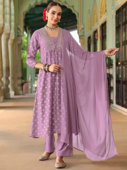 Janasya - Women'S Lavender Embellished A-Line Kurta Pant with Dupatta