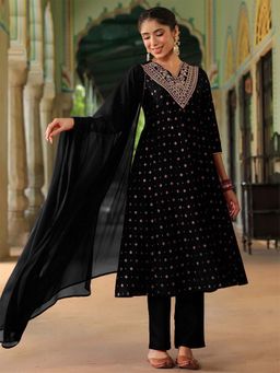 Janasya - Women'S Black Zari Yoke Embroidered Anarkali Kurta Pant and Dupatta