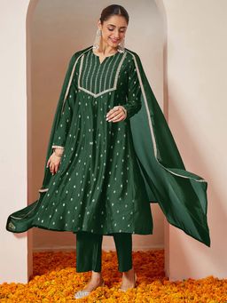 Janasya - Women'S Dark Green Silk Embellished Anarkali Kurta Pant with Dupatta
