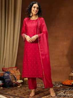 Janasya - Women'S Pink Embellished Straight Kurta Pant with Dupatta