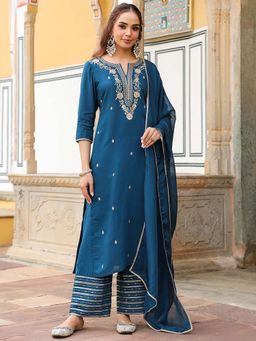 Janasya - Women'S Teal Embroidered Kurta Palazzo and Dupatta
