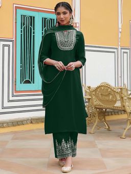 Janasya - Women'S Dark Green Embroidered Kurta Pant with Dupatta