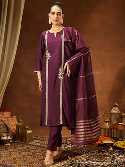 Janasya - Women'S Wine Embroidered Kurta Pant with Dupatta