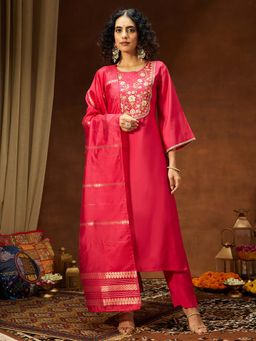 Janasya - Women'S Pink Embroidered Kurta Pant with Dupatta