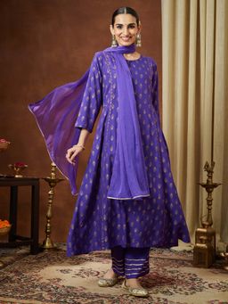 Janasya - Women'S Purple A-Line Kurta Pant with Dupatta