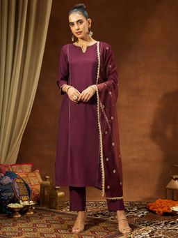 Janasya - Women'S Wine Embellished Kurta Pant with Dupatta