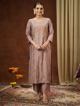 Janasya - Women'S Purple Silk Blend Zari Embroidered Straight Kurta Pant and Dupatta