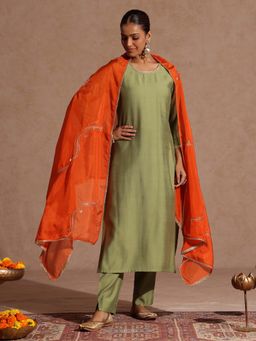 Janasya - Women'S Sage Green Embellished Kurta Pant with Dupatta