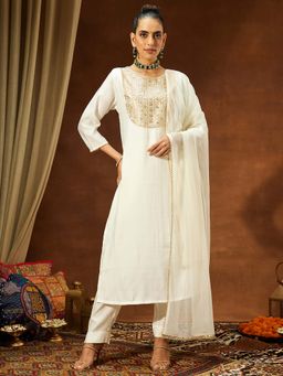 Janasya - Women'S Off White Embroidered Kurta Pant with Dupatta