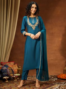 Janasya - Women'S Teal Embroidered Kurta Pant with Dupatta