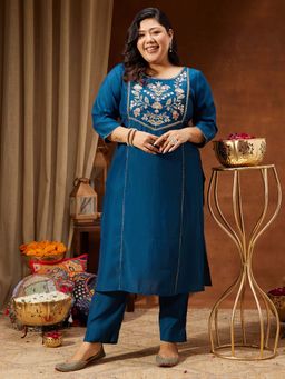 Janasya - Women'S Plus Size Teal Embroidered Kurta and Pant