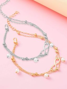 OOMPH - Combo of 2 Gold and Silver Tone Multi Layer Pearls Fashion Anklet