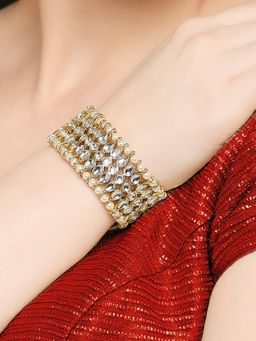 OOMPH - Gold Tone Kundan and Pearls Broad Ethnic Bracelet For Women and Girls Stylish Latest