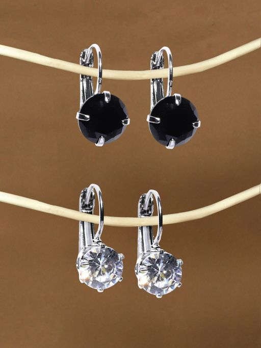 OOMPH Combo Of 2 Silver Tone Round Cubic Zirconia Black and White Drop Earrings