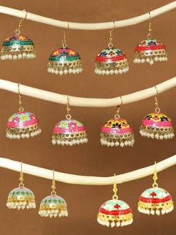 OOMPH - Combo of 6 Pink and Green Meenakari Floral Jhumka Earrings