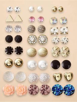 OOMPH - Combo of 24 Crystal and Pearl Delicate Small Ear Stud Earrings