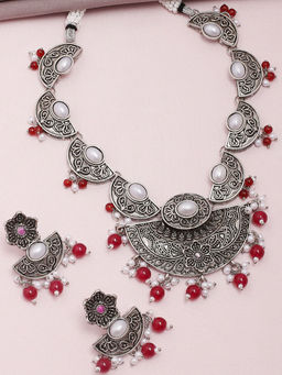 OOMPH - Oxidised Silver Tone Red Maroon Stones and Pearls Necklace Set with Drop Earrings