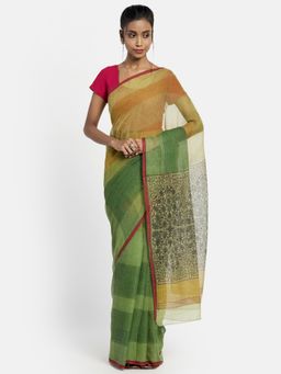 Fabindia - Green Cotton Silk Hand Block Print Saree without Blouse