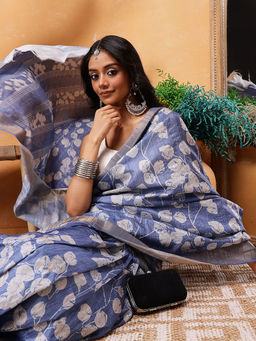 Silk Land - Floral Printed Silk Saree with Unstitched Blouse