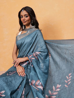 Silk Land - Floral Printed Silk Saree with Unstitched Blouse