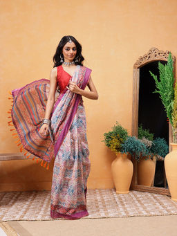 Silk Land - Printed Kalamkari Saree with Unstitched Blouse
