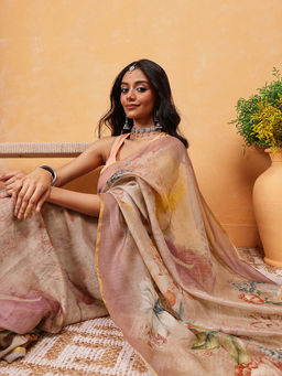 Silk Land - Printed Cotton Blend Saree with Unstitched Blouse